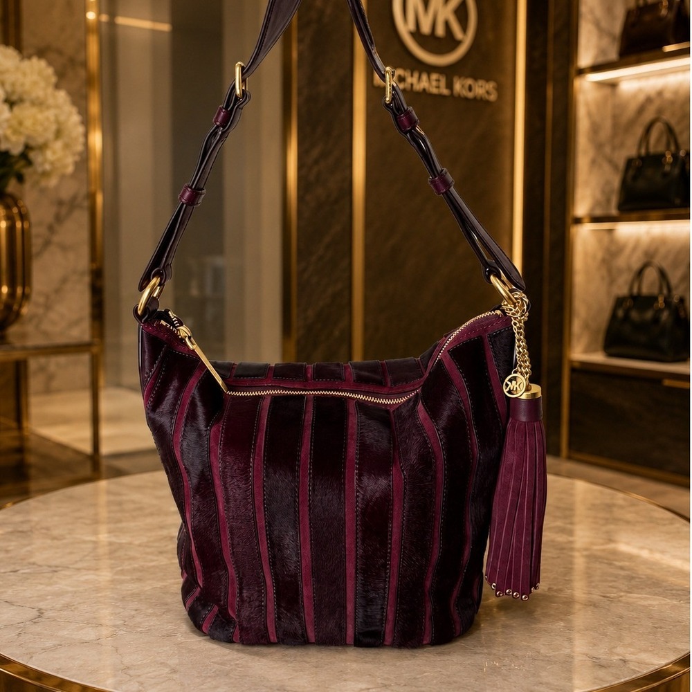 Michael Kors Limited Edition Haircalf Leather Crossbody Bag Burgundy Striped